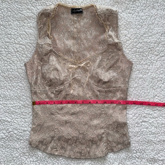 VTG Y2K coquette corset bow tank top floral gold lace top stretchy fairy core L - Picture 14 of 15